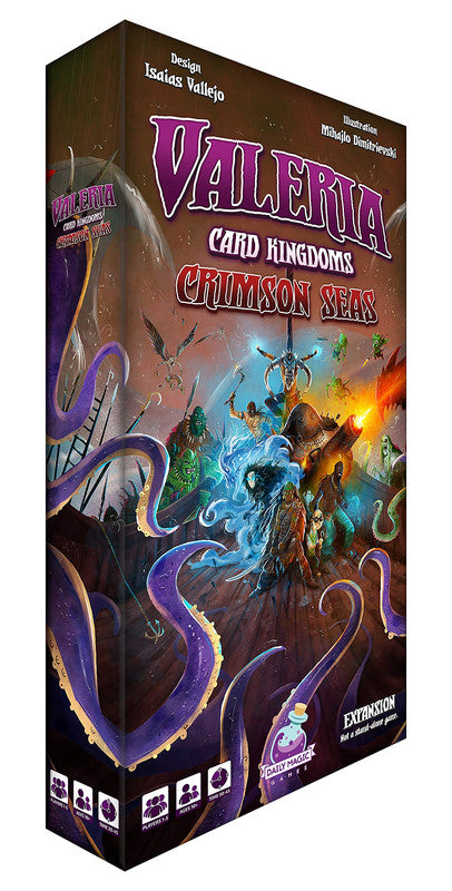 Valeria Card Kingdoms Crimson Seas expansion box shows a kraken attacking a ship with battling heroes