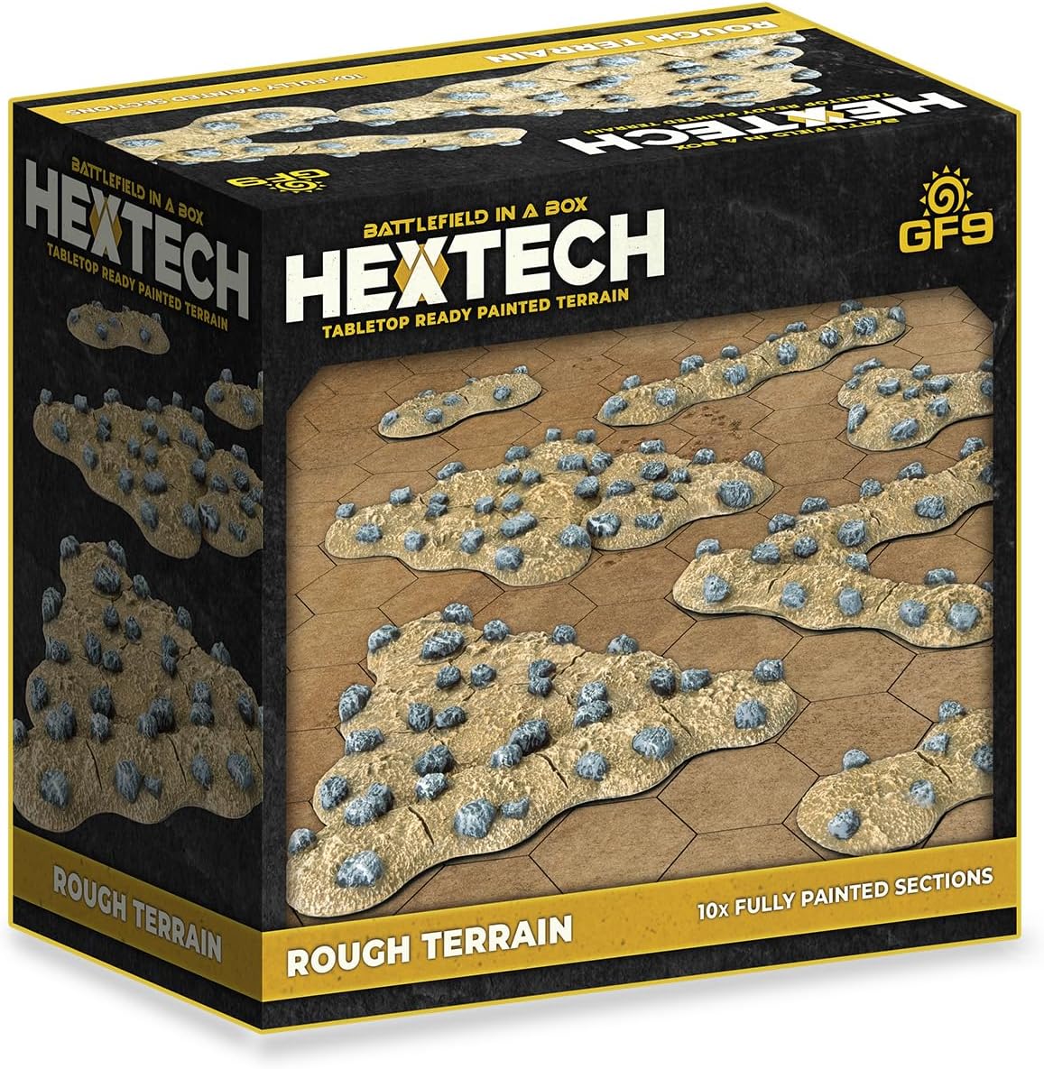 HEXTECH 'Battlefield in a Box: Rough Terrain' product box, showing tan rocky game pieces with grey stones on a hex grid.
