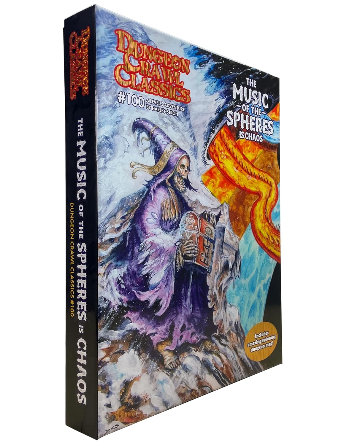 DCC #100 'Music of Spheres' module cover: A robed skeletal wizard holds an ornate box against chaotic ice and fire.