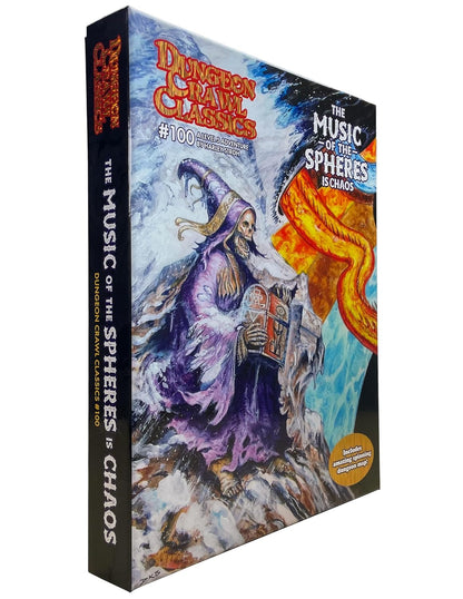 DCC #100 'Music of Spheres' module cover: A robed skeletal wizard holds an ornate box against chaotic ice and fire.