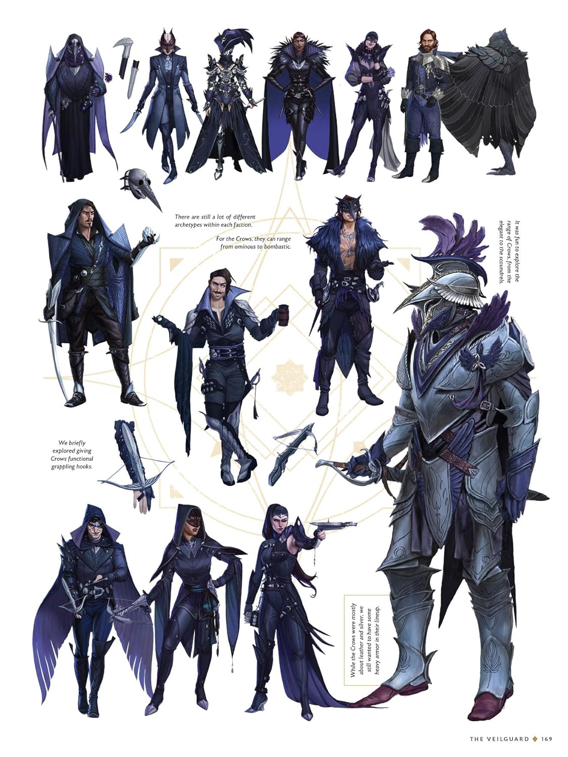 Concept art page with 15 dark fantasy character designs, featuring ornate crow-themed armor, robes, and masks