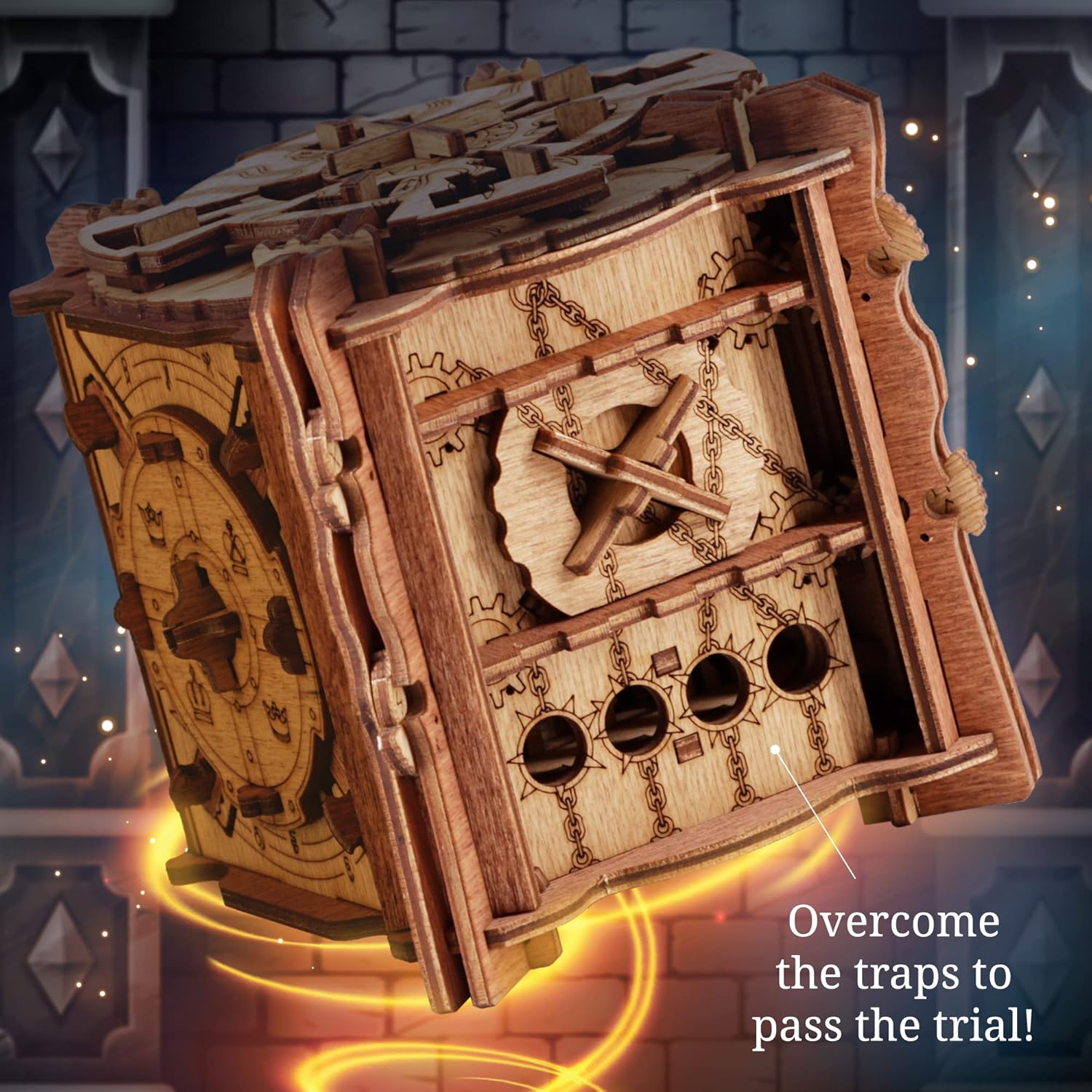 Intricate wooden mechanical puzzle box with gears and chains, highlighted by glowing yellow light