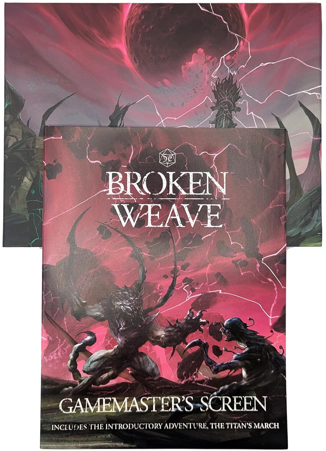 Broken Weave 5e Gamemaster's Screen cover art: two dark monsters battling in a red, lightning-streaked fantasy world