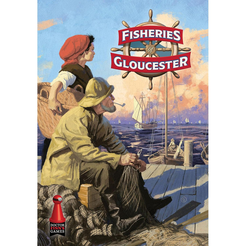 A fisherman mends nets on a dock, a woman with a basket looks at the busy harbor. "Fisheries of Gloucester" banner above