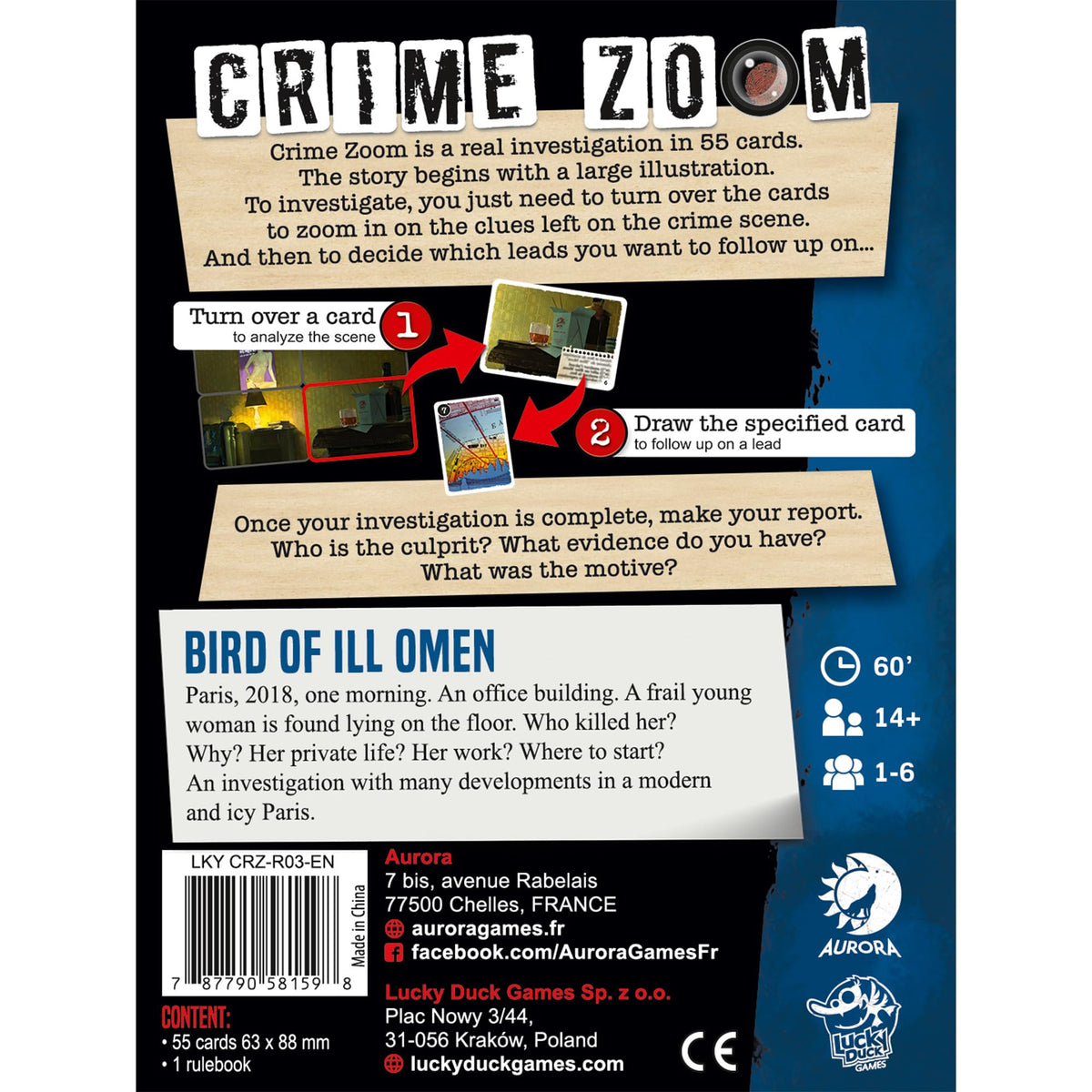 Crime Zoom board game box back, showing card-based investigation gameplay: players turn cards to zoom in on clues