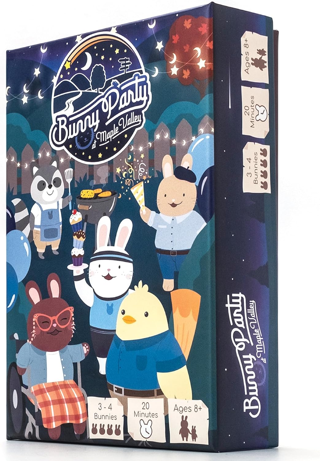 Box for "Bunny Party at Maple Valley" board game, featuring cartoon animals at a nighttime barbecue party