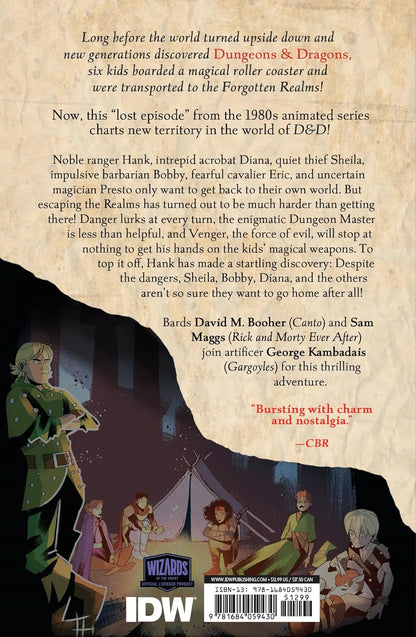 D&D cartoon comic cover. Hank the ranger stands in the foreground, while other characters camp at night by a tent and campfire