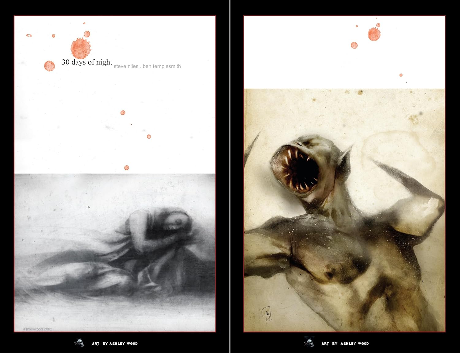 Two panels: "30 days of night" title above a sleeping figure -  next to a pale -  fanged monster roaring