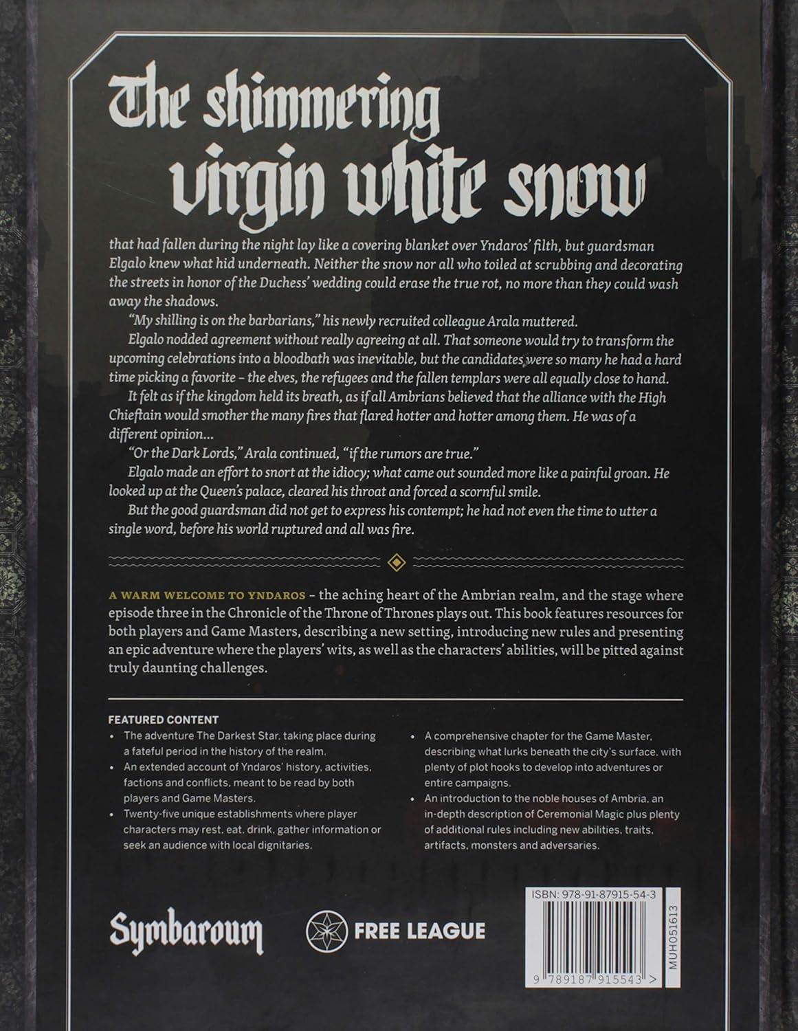 Back cover of 'The shimmering virgin white snow', a Symbaroum RPG book, showing story text, features and logos