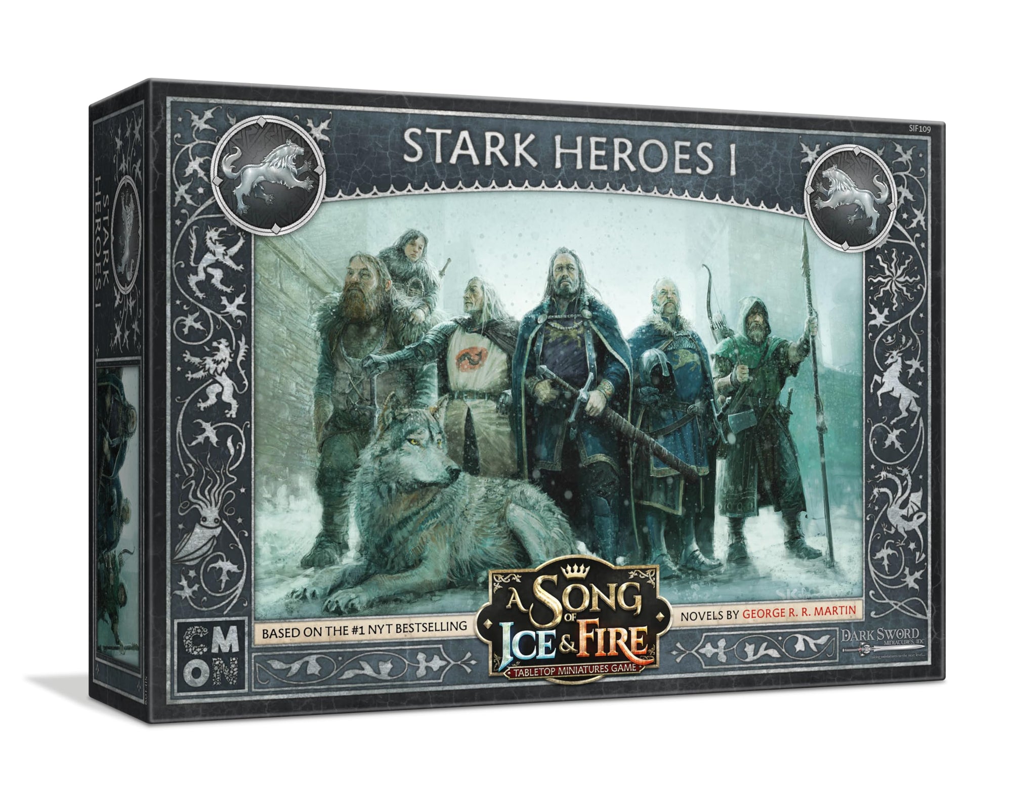 A tabletop game box for "A Song of Ice & Fire: Stark Heroes I." Cover art shows 5 rugged characters and a direwolf in a snowy scene