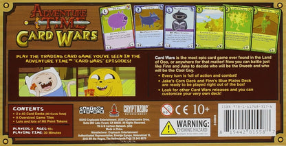 Adventure Time Card Wars game box back, featuring sample cards, Finn and Jake illustrations