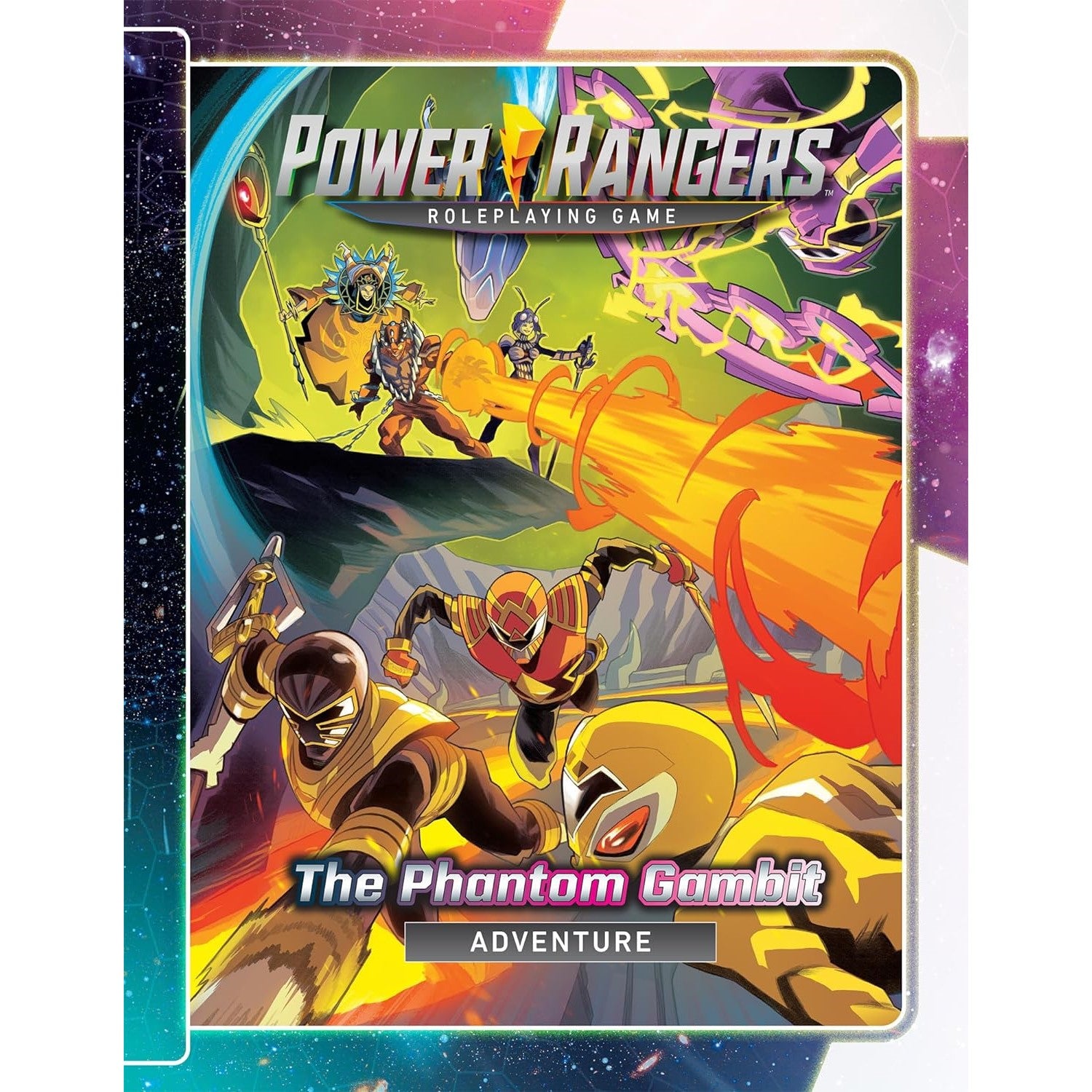 The cover for Power Rangers RPG - Phantom Gambit Adventure depicts Power Rangers battling enemies with energy blasts in a colourful, action-packed scene