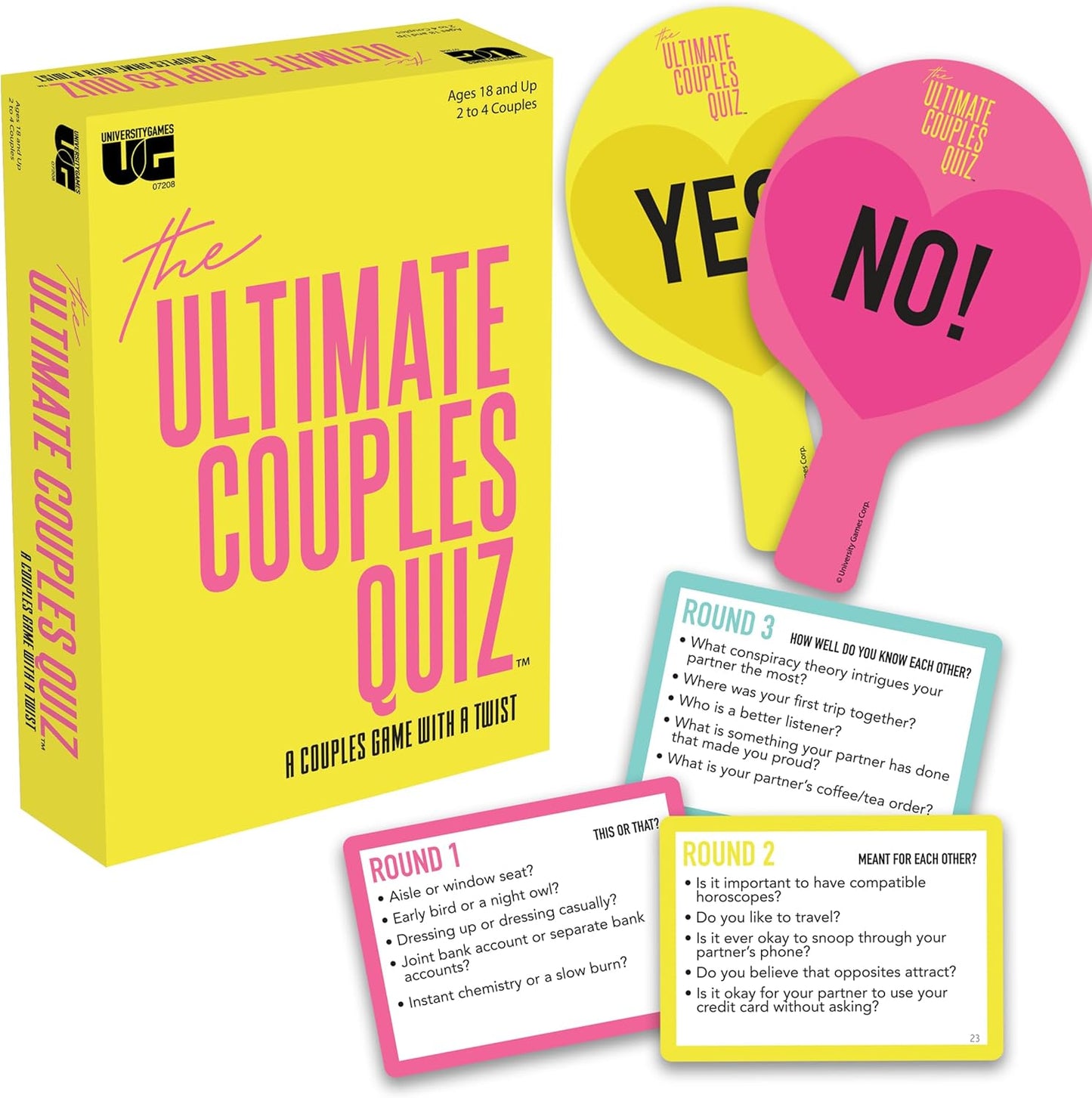The Ultimate Couples Quiz game box and components, including YES/NO paddles and question cards