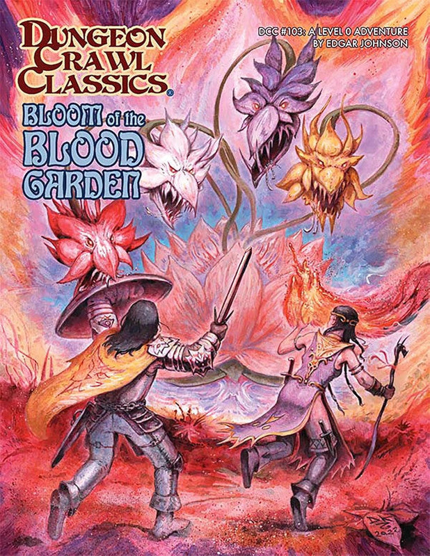 Dungeon Crawl Classics: Bloom of the Blood Garden, two heroes fight monstrous, toothed flowers in a vivid, magical garden setting