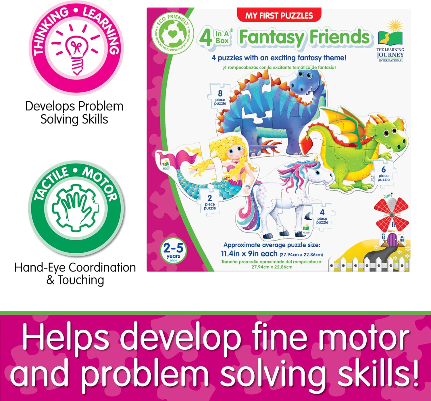 My First Puzzles: Fantasy Friends set showing four simple puzzles (mermaid, dragon, unicorn, dinosaur) for motor skill development