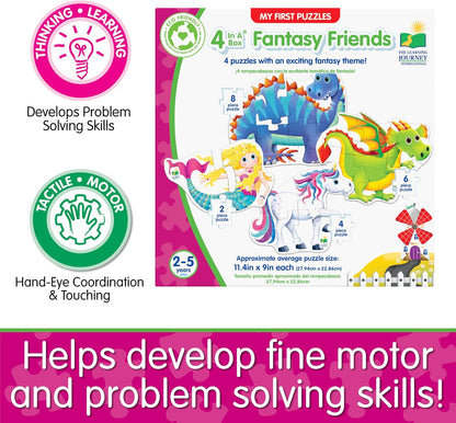 My First Puzzles: Fantasy Friends set showing four simple puzzles (mermaid, dragon, unicorn, dinosaur) for motor skill development