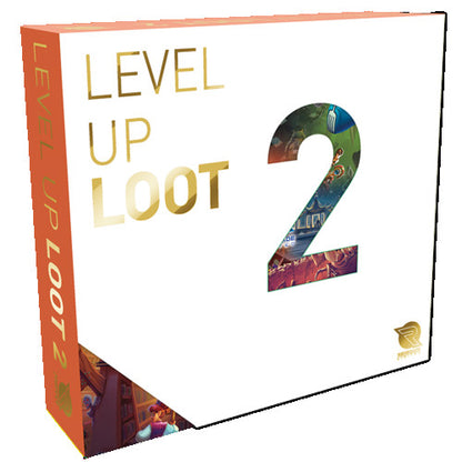 Level Up Loot 2 game box in white and orange with gold lettering and a graphic of multiple characters and scenes inside a large gold number 2