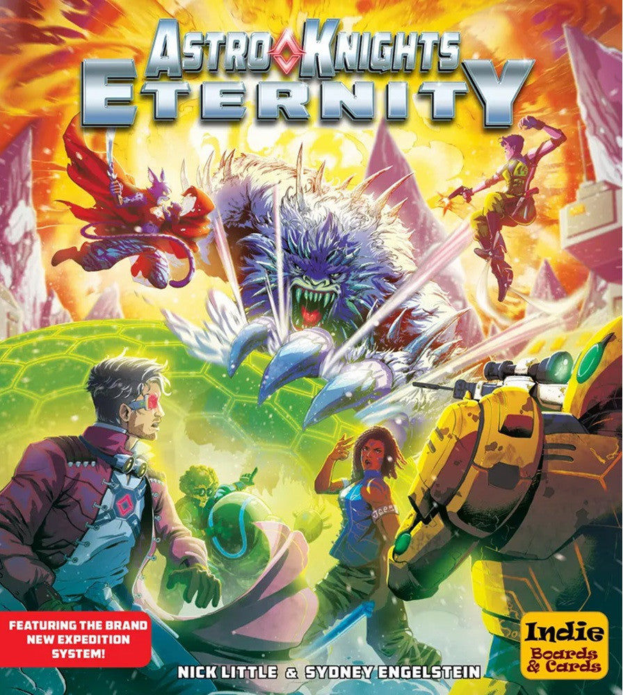 Astro Knights Eternity board game cover art featuring futuristic heroes battling a monster on a vibrant alien landscape with Featuring The Brand New Expedition System