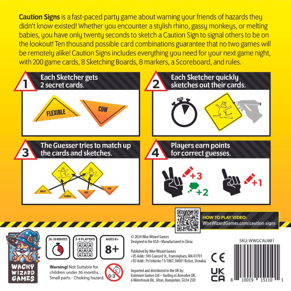 Caution Signs party game showing game elements including cards with Flexible and Cow sketches and score tracking for 3-9 players ages 8