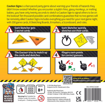 Caution Signs party game showing game elements including cards with Flexible and Cow sketches and score tracking for 3-9 players ages 8