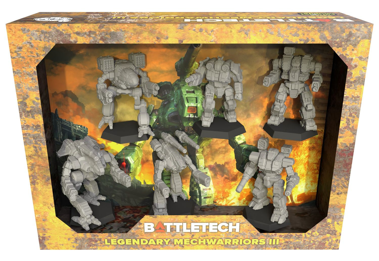 A Battletech Legendary Mechwarriors III box displays six unpainted gray mech miniatures on black bases against a fiery background with a larger green mech