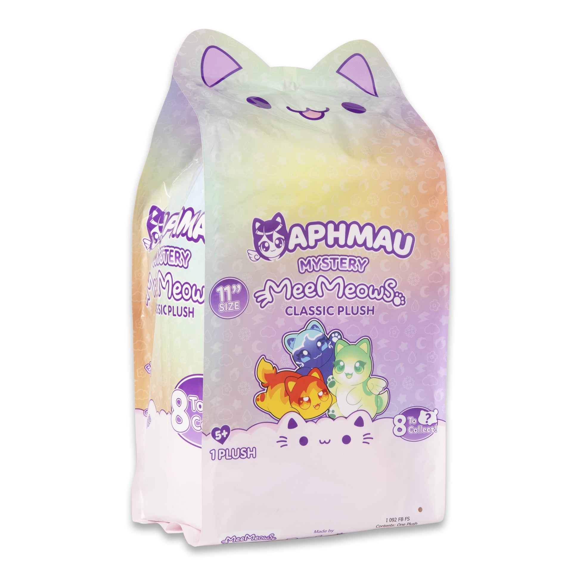 The Aphmau 11-inch Mystery MeeMeows Classic Plush comes sealed in a pastel gradient cat-shaped bag displaying three elemental plush designs