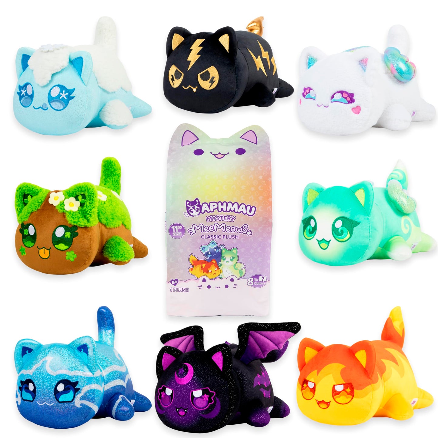 Nine items featuring the Aphmau 11-inch MeeMeows Classic Mystery Plush bag surrounded by eight colorful collectible elemental plush cats