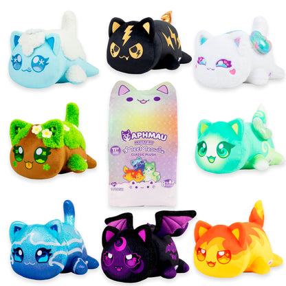 Nine items featuring the Aphmau 11-inch MeeMeows Classic Mystery Plush bag surrounded by eight colorful collectible elemental plush cats