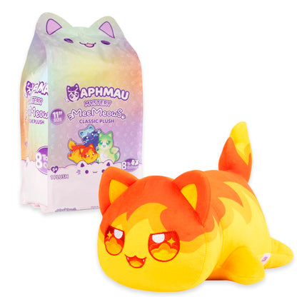 This image features the fiery orange and yellow 11-inch Aphmau MeeMeows plush toy positioned next to its pastel rainbow mystery packaging