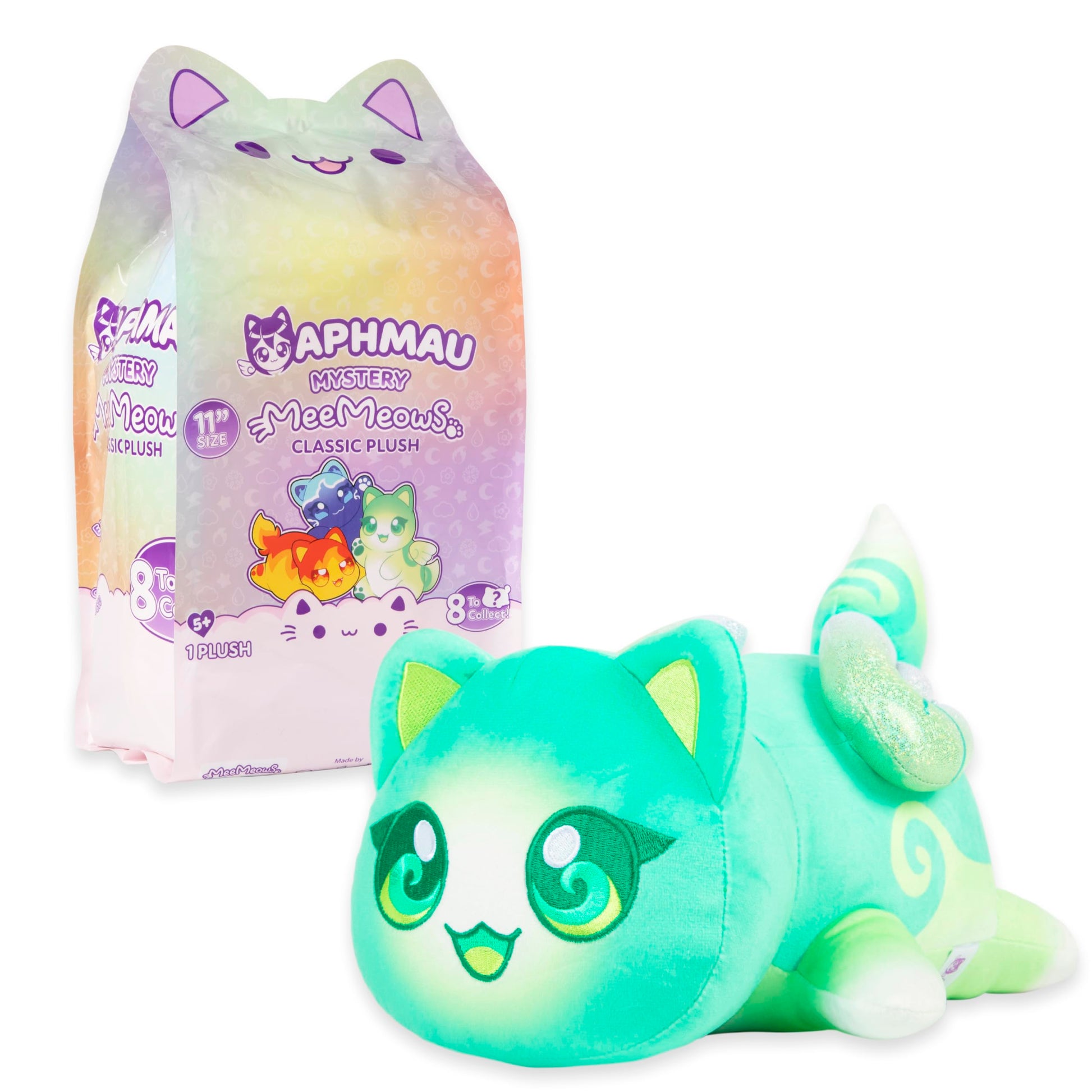 An 11-inch bright green Elemental Aphmau MeeMeow Classic Plush with glittery tail detail is posed next to its large rainbow gradient mystery foil bag