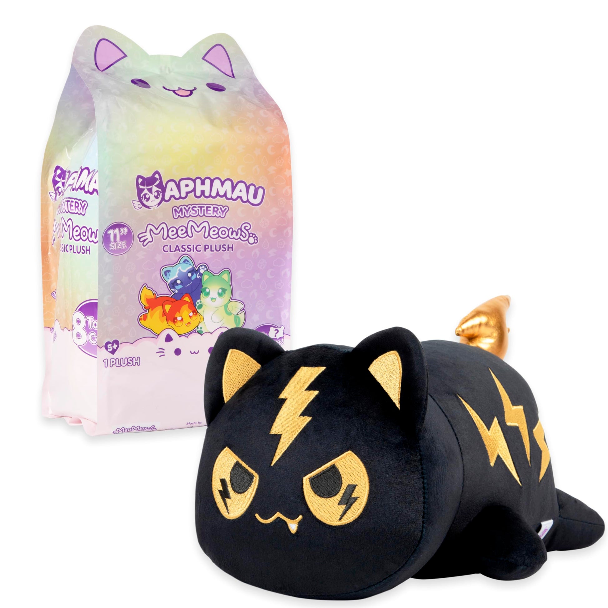 The 11-inch Aphmau Mystery MeeMeow black cat plush features gold lightning bolt details and is displayed next to its large pastel blind bag packaging