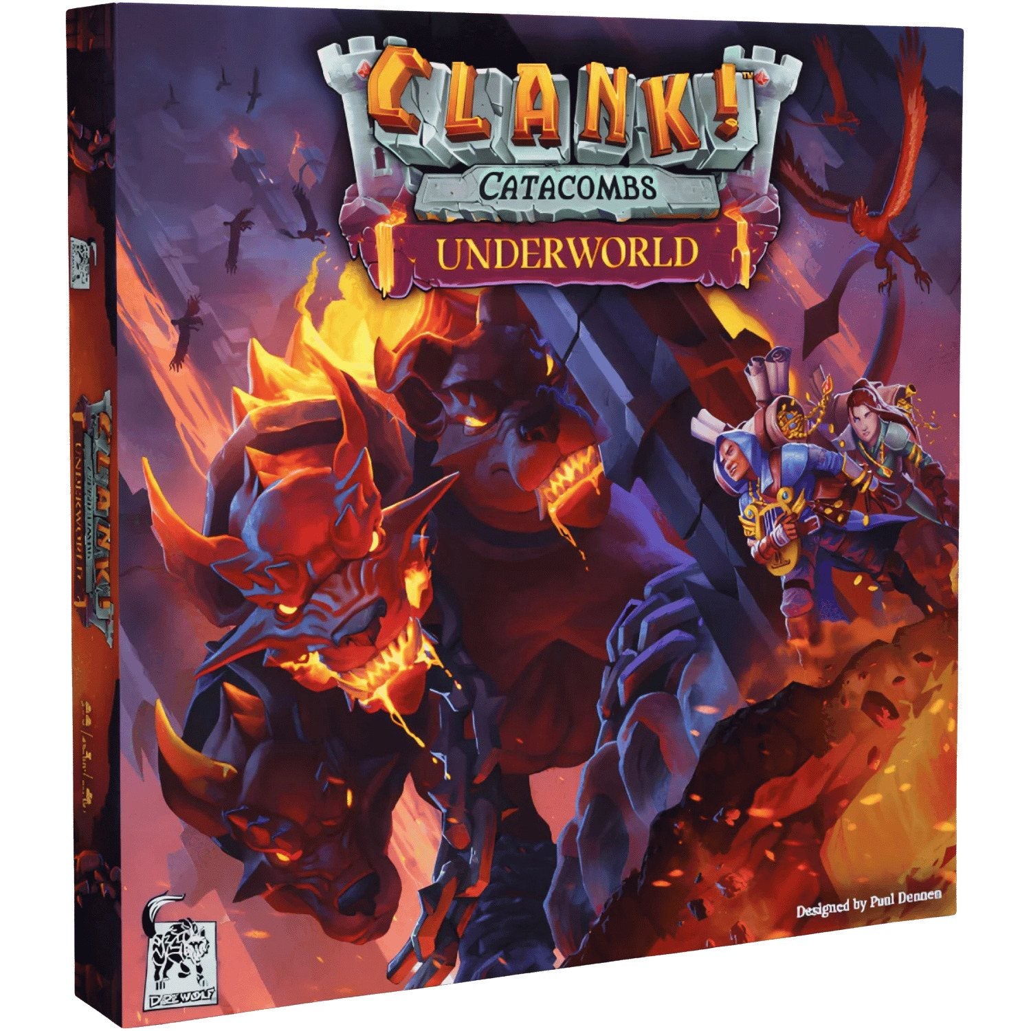 Clank Catacombs Underworld board game box featuring a fiery demon mythical creatures and adventurers in a dungeon setting