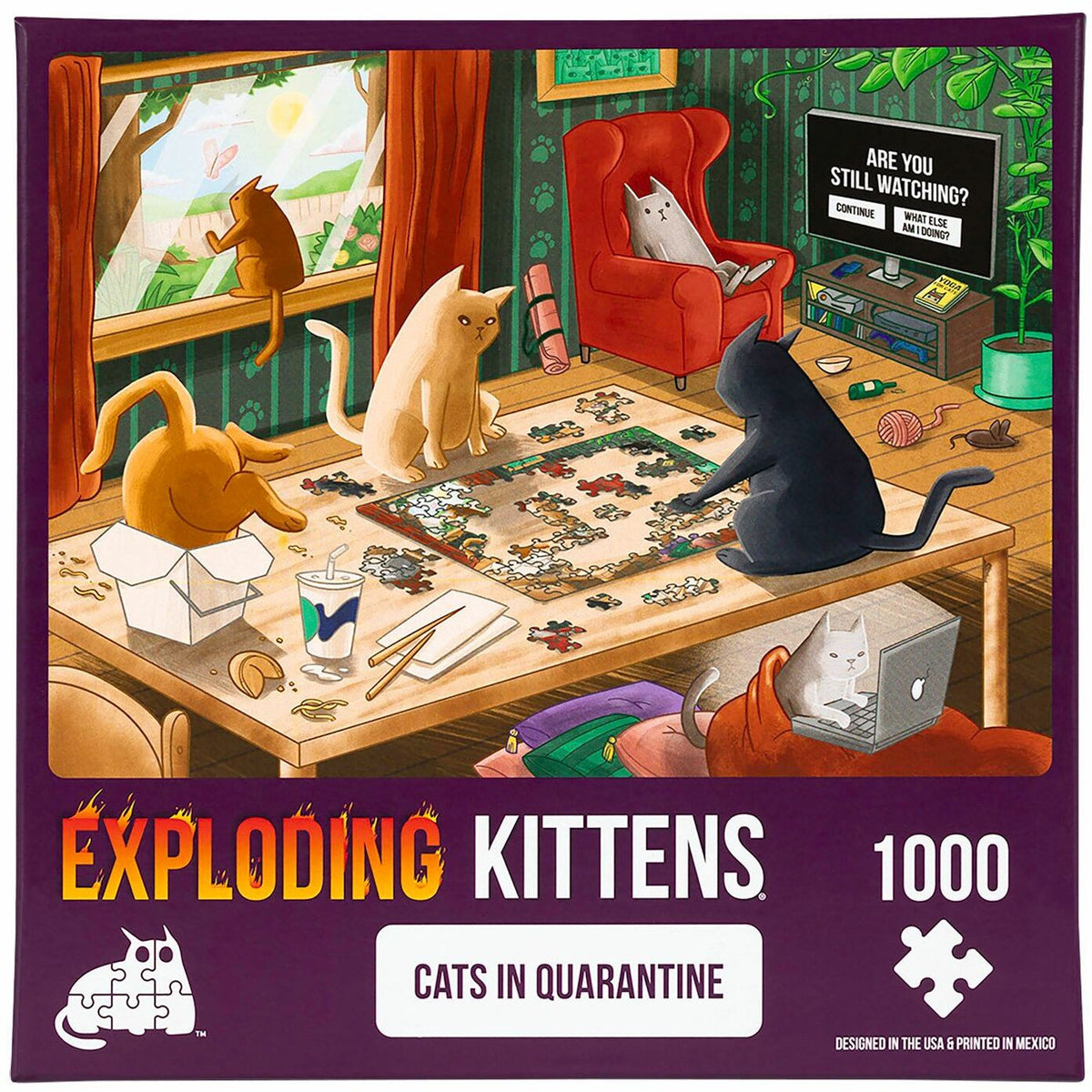 Exploding Kittens puzzle box: Cartoon cats in a room doing human-like quarantine activities, including a jigsaw puzzle