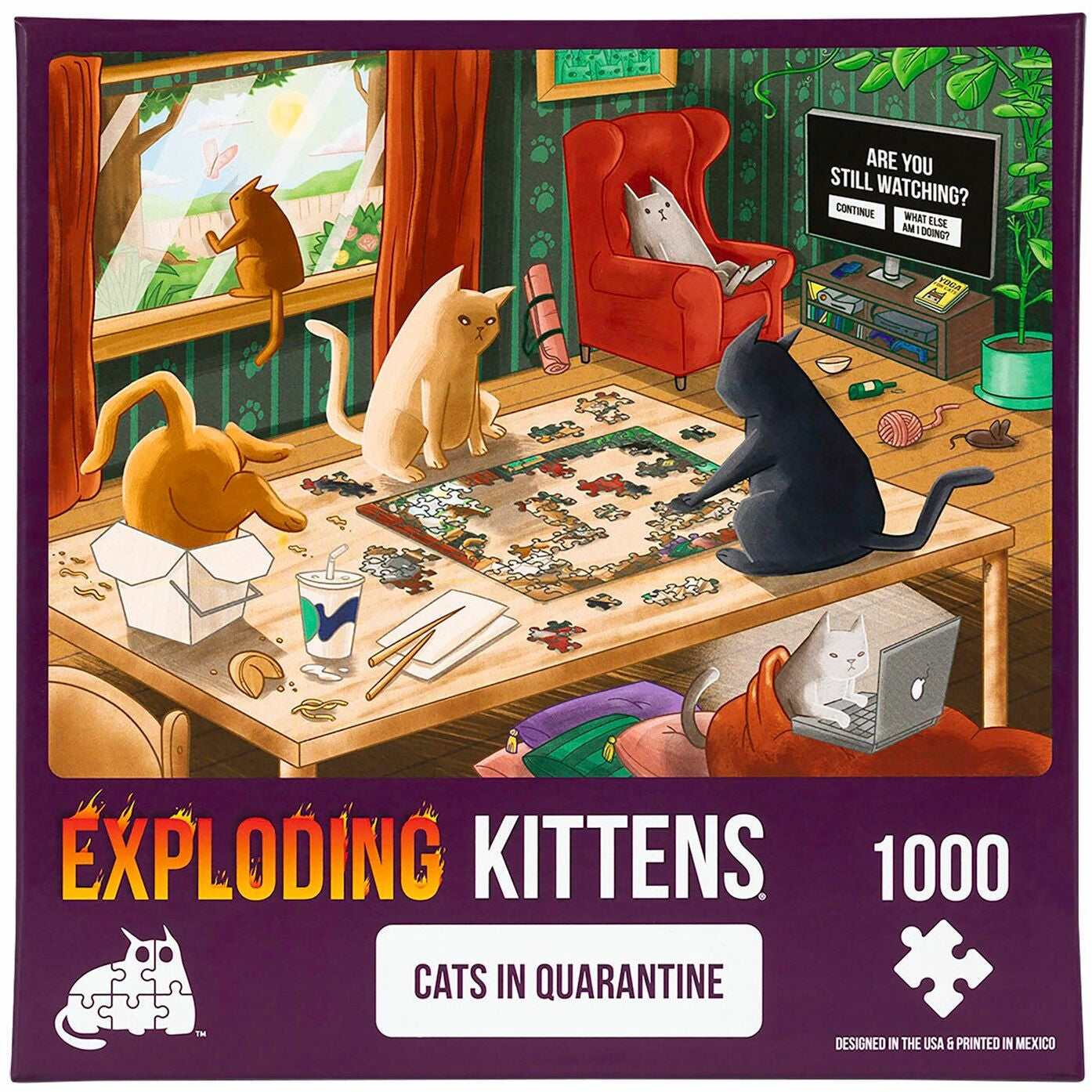 Exploding Kittens puzzle box: Cartoon cats in a room doing human-like quarantine activities, including a jigsaw puzzle