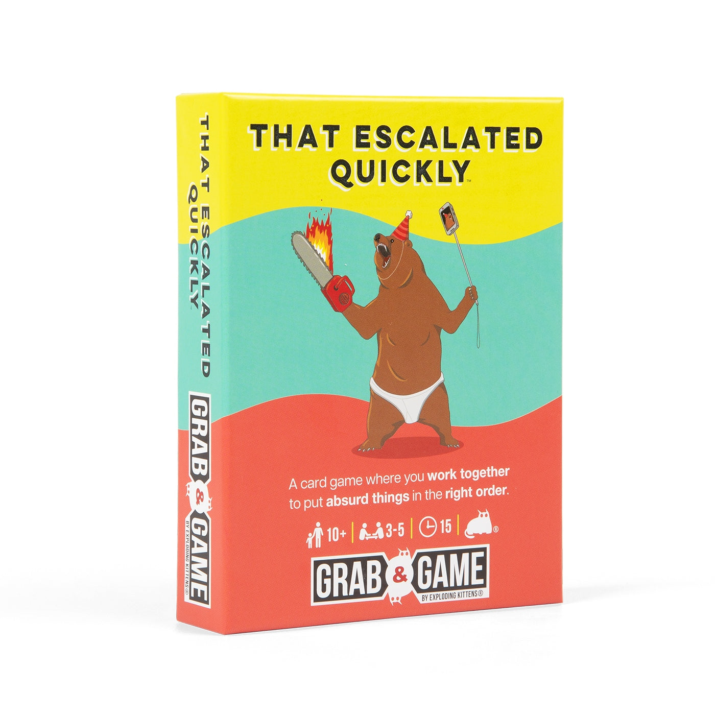 A Grab & Game That Escalated Quickly box shows a bear in a party hat and briefs holding a flaming chainsaw and selfie stick