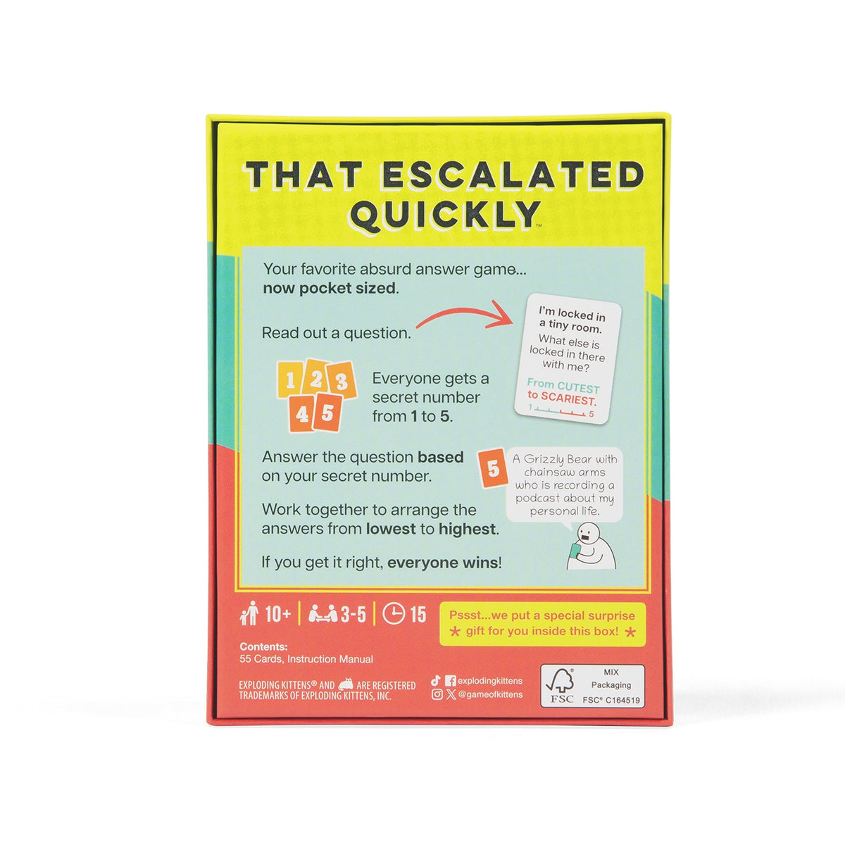 The back of the Grab &amp; Game That Escalated Quickly box displays game instructions, illustrations of question cards, and player information