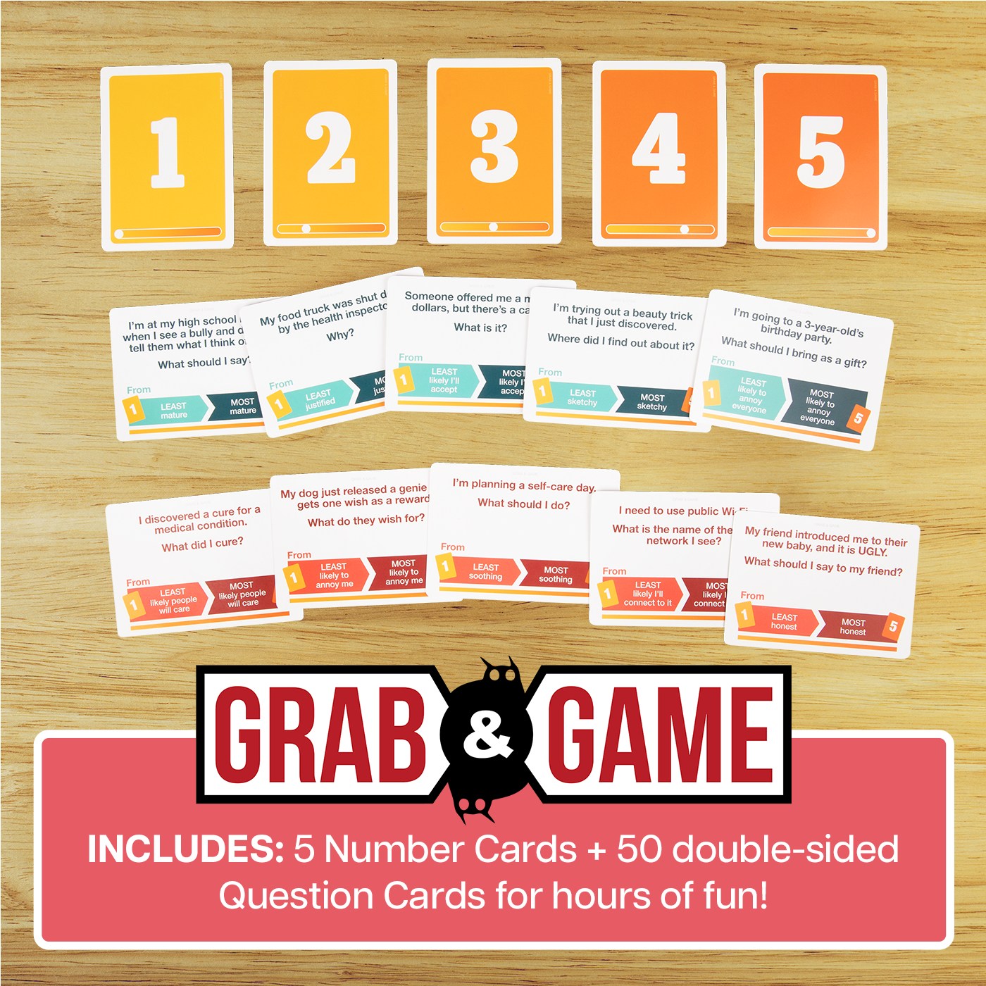 The Grab & Game board game components include five yellow numbered cards, many white question cards with Least and Most options, and the game box on a wooden table