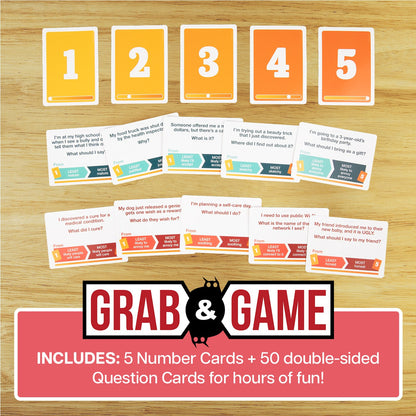 The Grab & Game board game components include five yellow numbered cards, many white question cards with Least and Most options, and the game box on a wooden table