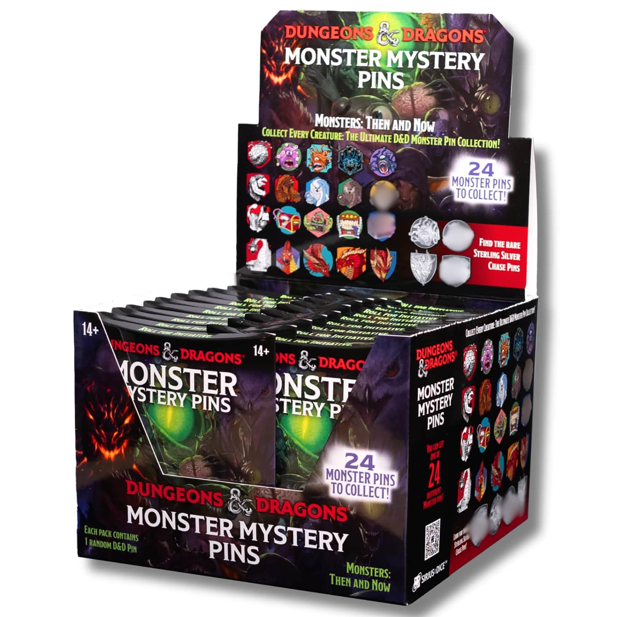 A retail display box containing multiple individual packs of monster mystery pins, with images of various fantasy creatures and text mentioning 24 pins to collect