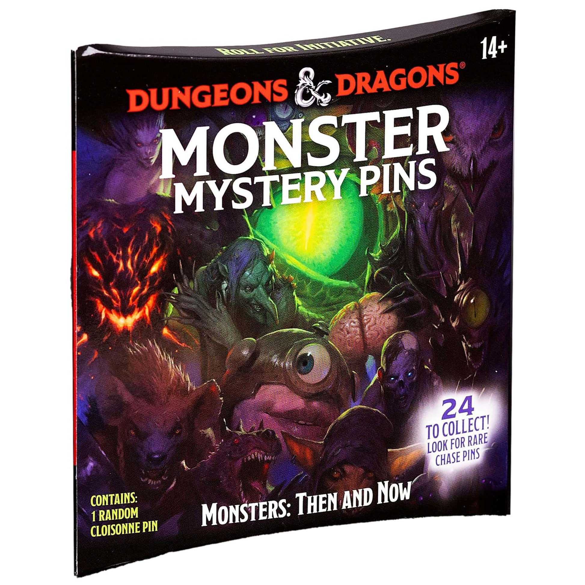 The Dungeons and Dragons Monster Mystery Pin Box displays a variety of fantasy monsters including a fiery demon, a green goblin, a cyclops, and a werewolf on a dark background
