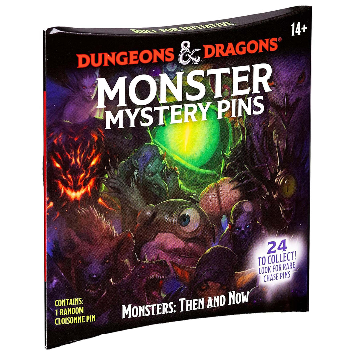 The Dungeons and Dragons Monster Mystery Pin Box displays a variety of fantasy monsters including a fiery demon, a green goblin, a cyclops, and a werewolf on a dark background