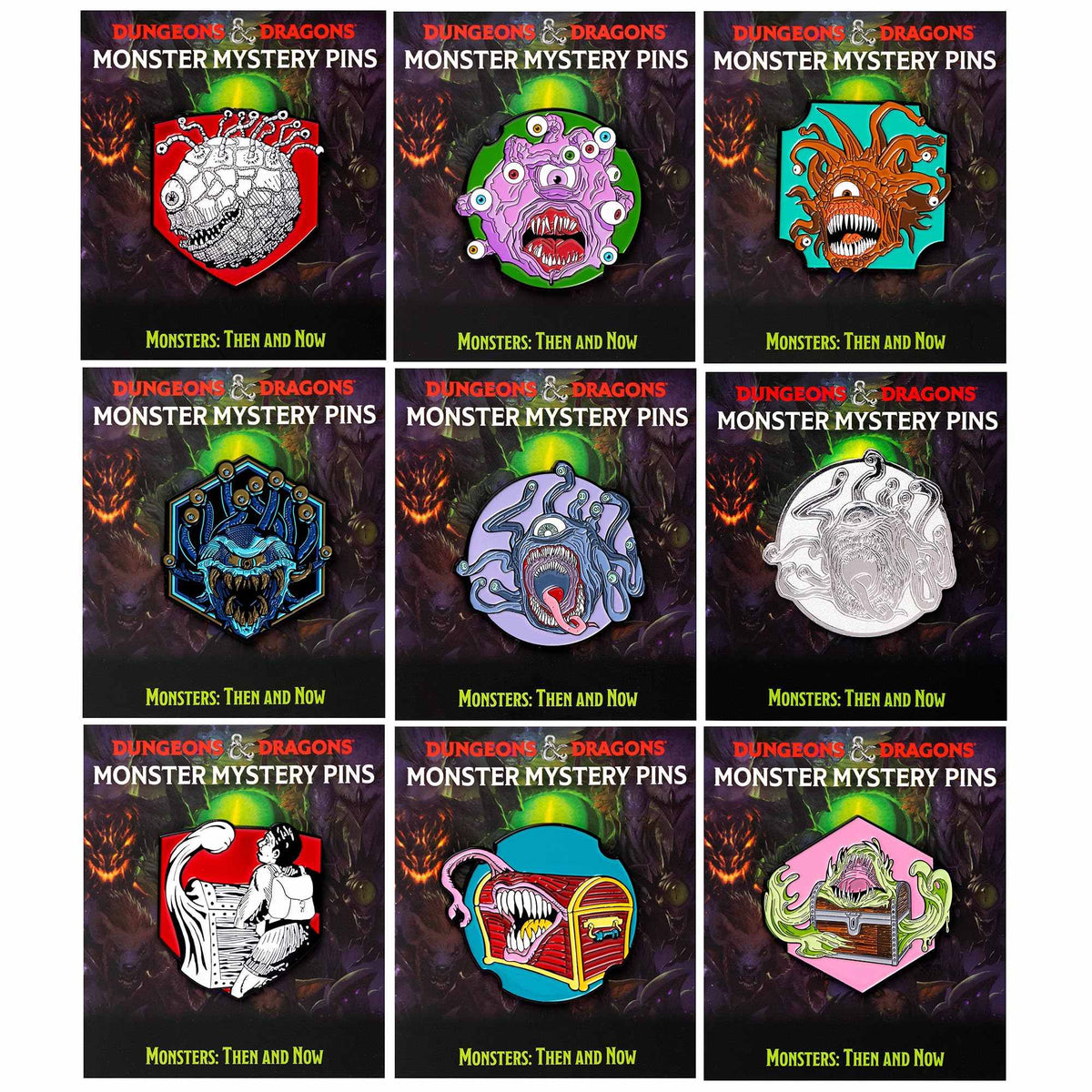 A grid of nine Dungeons &amp; Dragons Monster Mystery Pins, each depicting a different monster or mimic on a dark background
