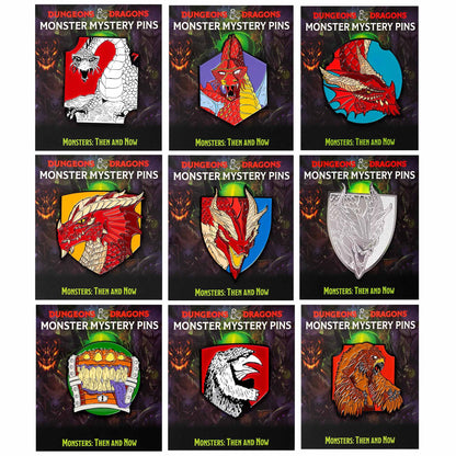 A collection of nine colorful monster mystery pins featuring mythical creatures like dragons, a mimic, and other beasts