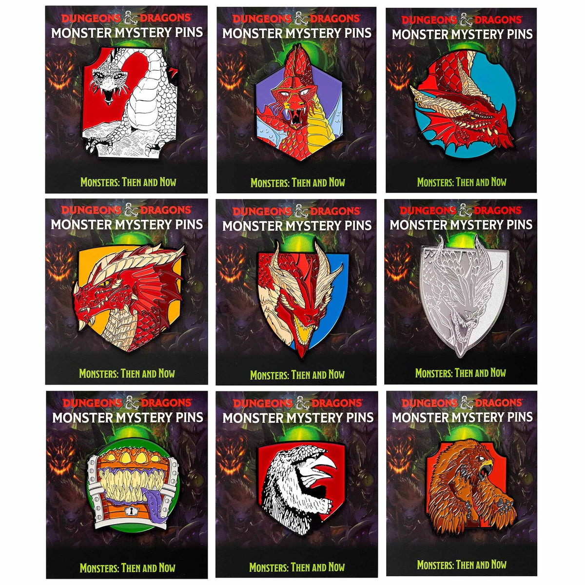 A collection of nine colorful monster mystery pins featuring mythical creatures like dragons, a mimic, and other beasts