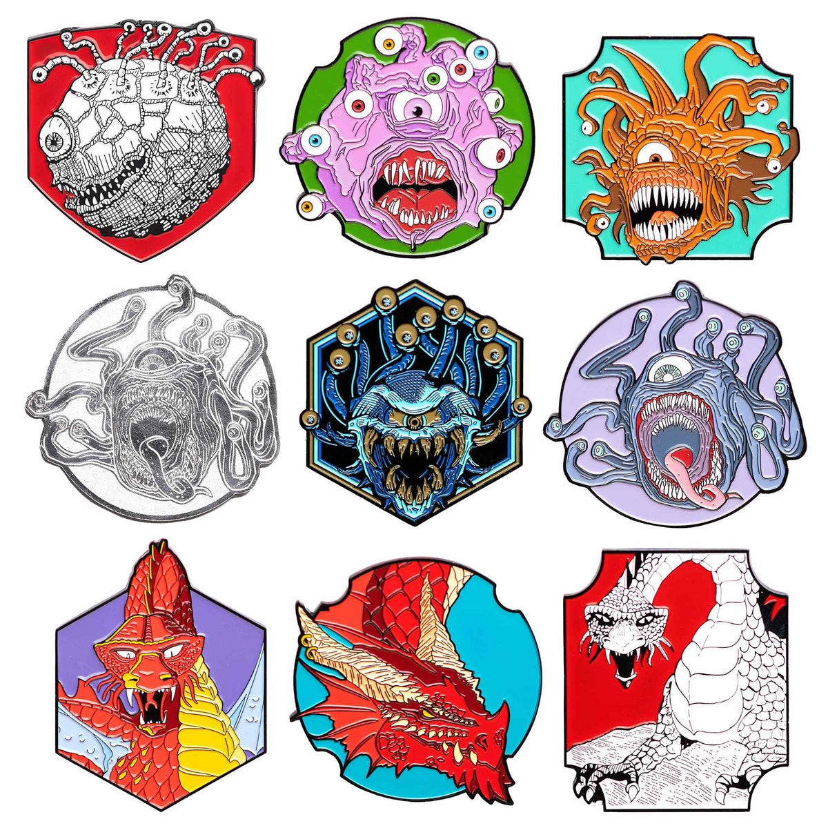 Nine enamel pins from the Dungeons and Dragons Monster Mystery Pin Box showing six different Beholder monsters and three different dragon designs