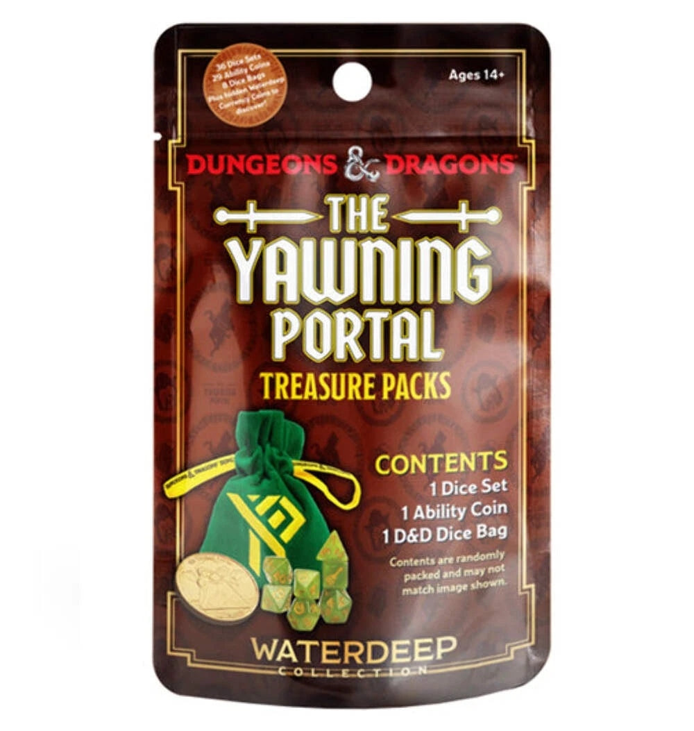 A Dungeons &amp; Dragons The Yawning Portal Treasure Pack with an illustration of a green dice bag, gold coin, and green dice
