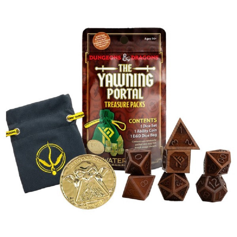 A Dungeons &amp; Dragons themed brown package, a black dice bag with gold symbol, a gold coin, and a set of dark wooden role-playing dice