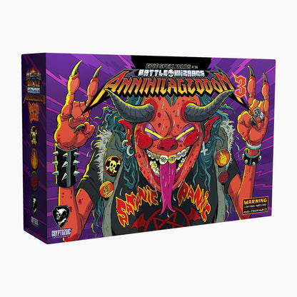 The Epic Spell Wars of the Battle Wizards Annihilageddon 3 game box shows a red devil with braces and horns making rock hands on a purple background