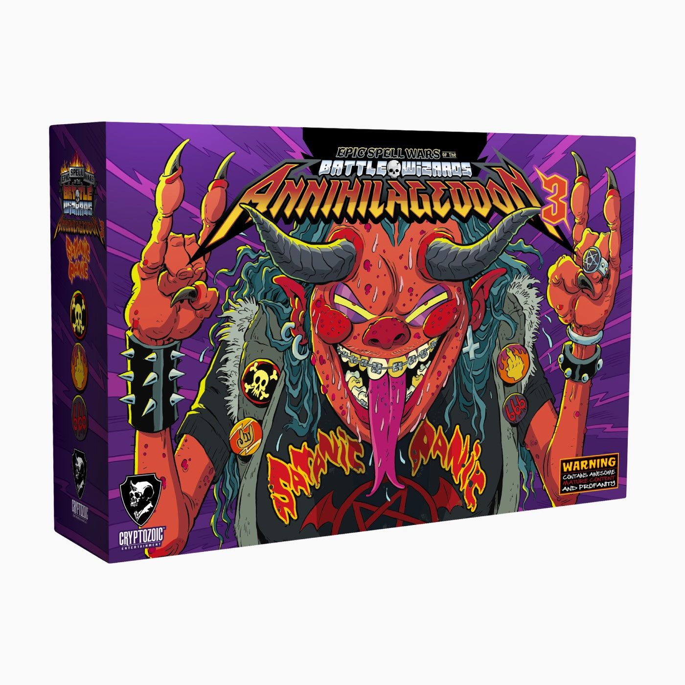The Epic Spell Wars of the Battle Wizards Annihilageddon 3 game box shows a red devil with braces and horns making rock hands on a purple background