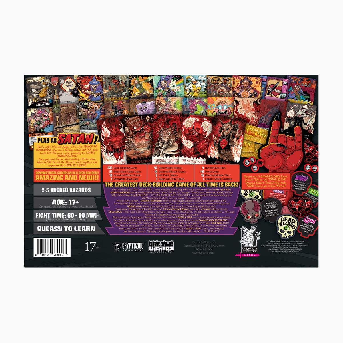 The Epic Spell Wars of the Battle Wizards Annihilageddon 3 Satanic Panic box displays numerous dark fantasy wizard and demon-themed game cards and tokens, with a large red hand gesture